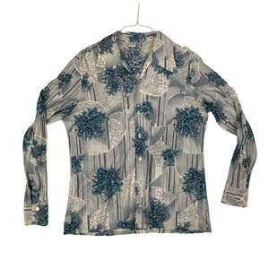 Vintage Made in California Floral Geometric Abstract Button Up Shirt Blue XL, 44